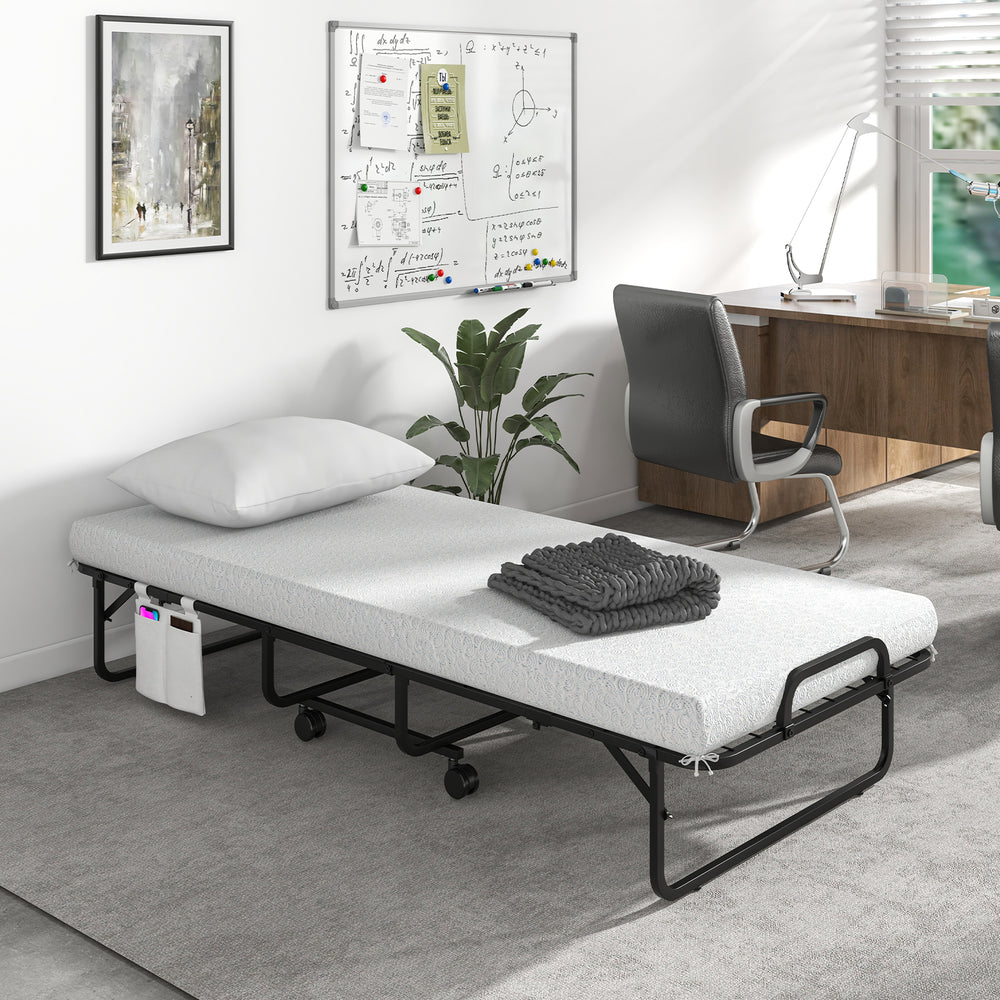 Narrow twin rollaway bed showing the sturdy all-metal frame and removable, washable cover for easy maintenance and.