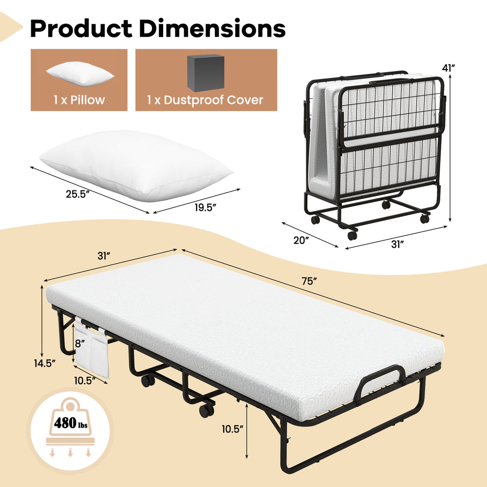 Narrow twin rollaway bed dimensions showing a soft pillow, sturdy metal frame, and under-bed clearance for storage.