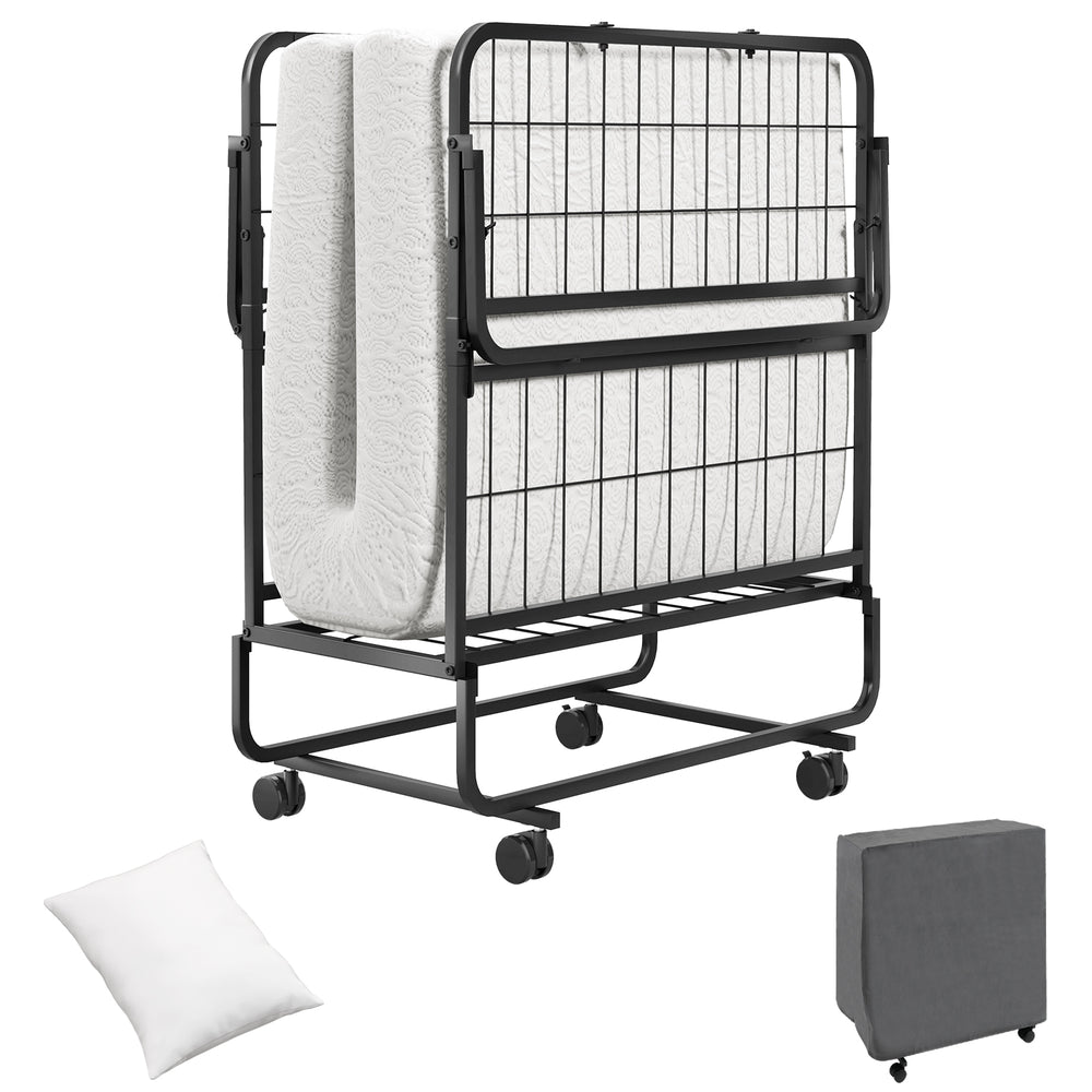 Narrow twin rollaway bed with memory foam mattress, side organizer pocket, and soft pillow for compact storage.