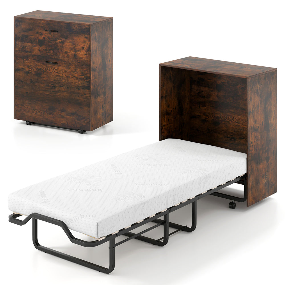 Murphy bed with wheels and foldable cot, featuring a 4" mattress and compact storage cabinet design for small spaces.