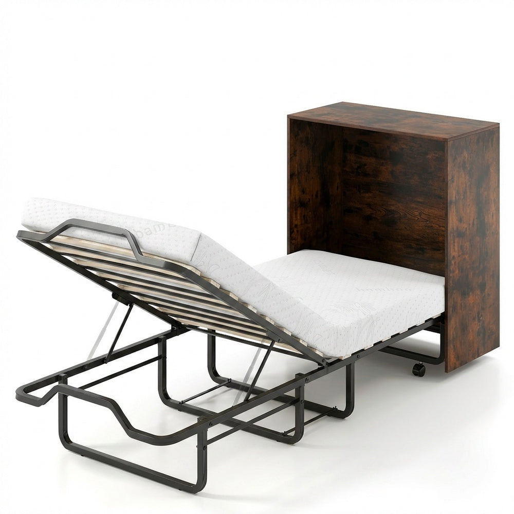 Murphy bed with wheels in a compact design, featuring a 4" thick mattress and reinforced metal frame for small spaces.