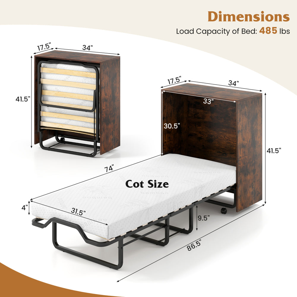 Movable Murphy bed with wheels, featuring a foldable cot and 4" mattress, designed for compact storage and easy.