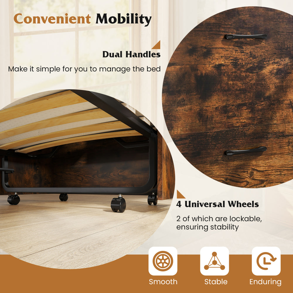 Movable Murphy bed with wheels features dual handles and 4 universal wheels for easy mobility and stable use.
