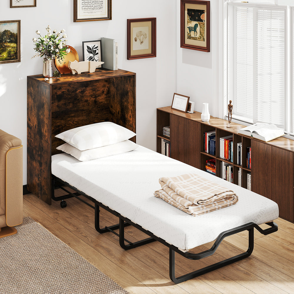 Cot Size Murphy Bed with Foldable Bed and Lockable Wheels-Rustic Brown - Gallery View 1 of 10