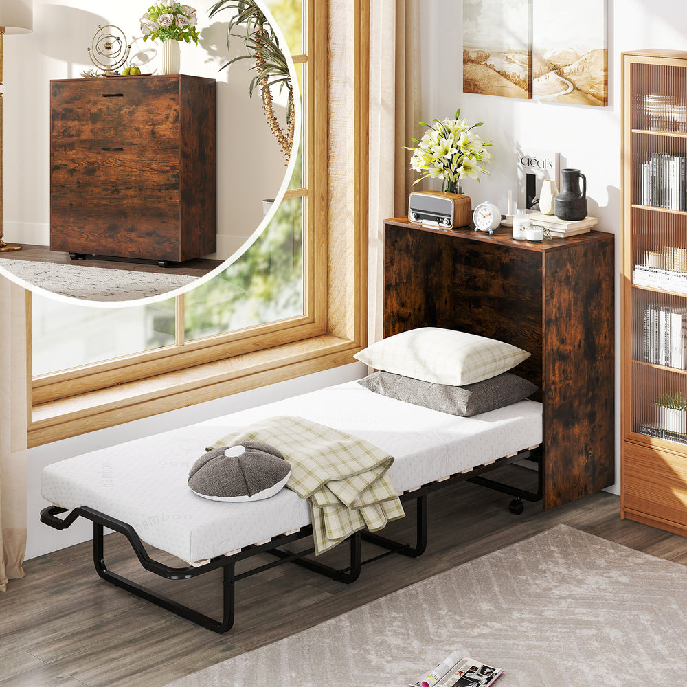Murphy bed in rustic brown shown in an open position, featuring a 4" thick mattress and sturdy metal frame for support.