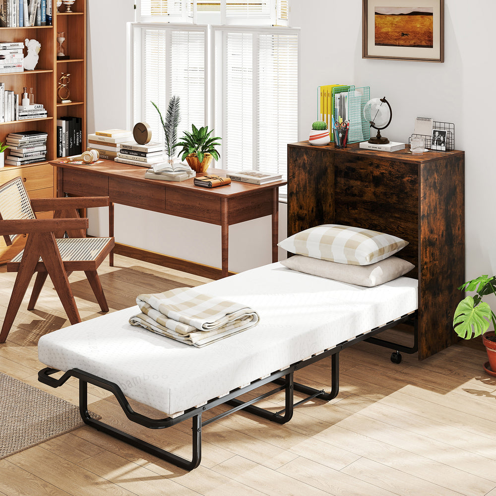 Cot size Murphy bed in rustic brown with a 4" thick mattress, foldable design, and lockable wheels for easy storage.
