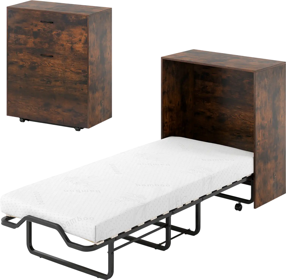 Murphy bed in rustic brown with foldable design, 4" mattress, and lockable wheels for compact storage and stability.