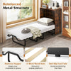 Cot size Murphy bed in rustic brown with a 4" thick mattress, reinforced metal structure, and lockable wheels for.