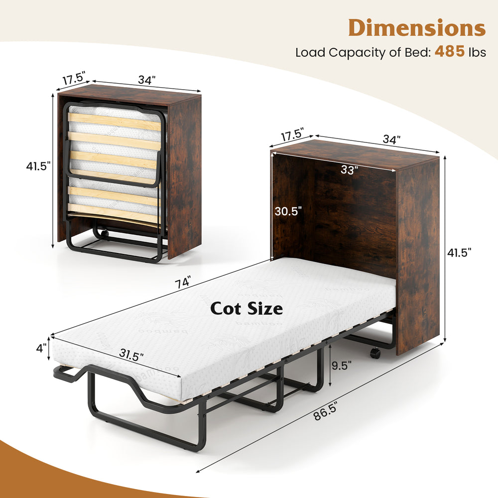 Cot size Murphy bed in rustic brown with foldable design, 4" mattress, and lockable wheels for easy storage.