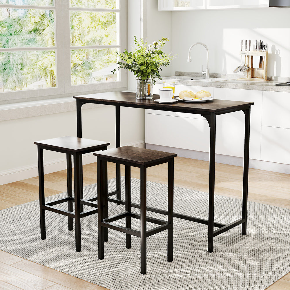 Counter-height dining table with two bar stools in gray, perfect for small spaces and versatile dining use.