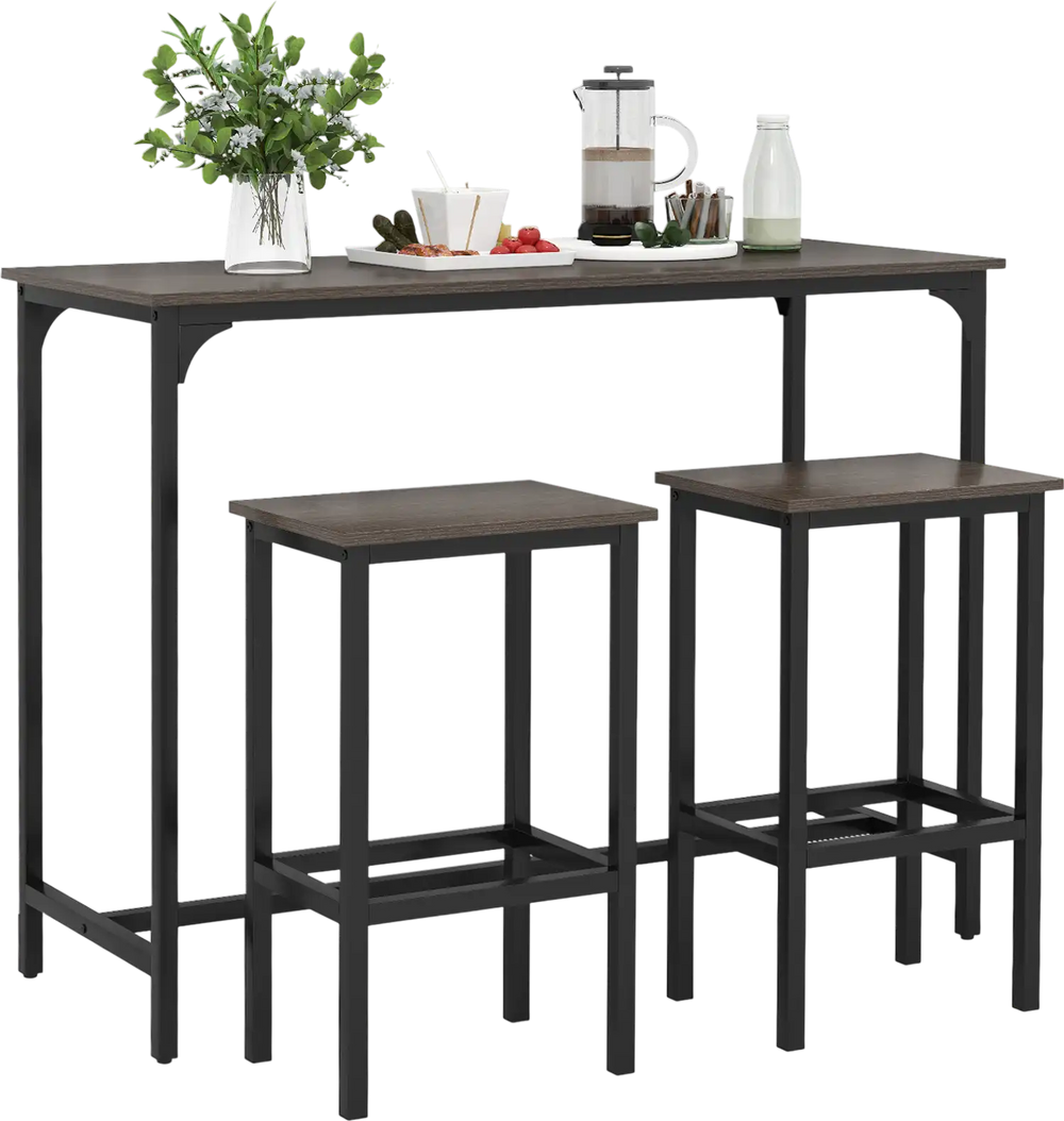 Counter-height dining table with two bar stools in gray, perfect for small spaces and versatile use at home.