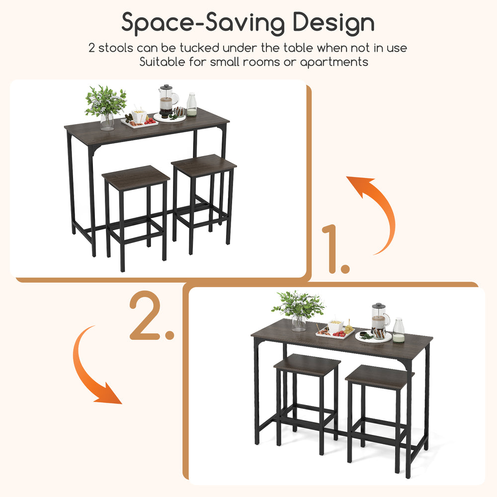 Counter-height dining table with 2 bar stools, gray finish, space-saving design for small rooms or apartments.