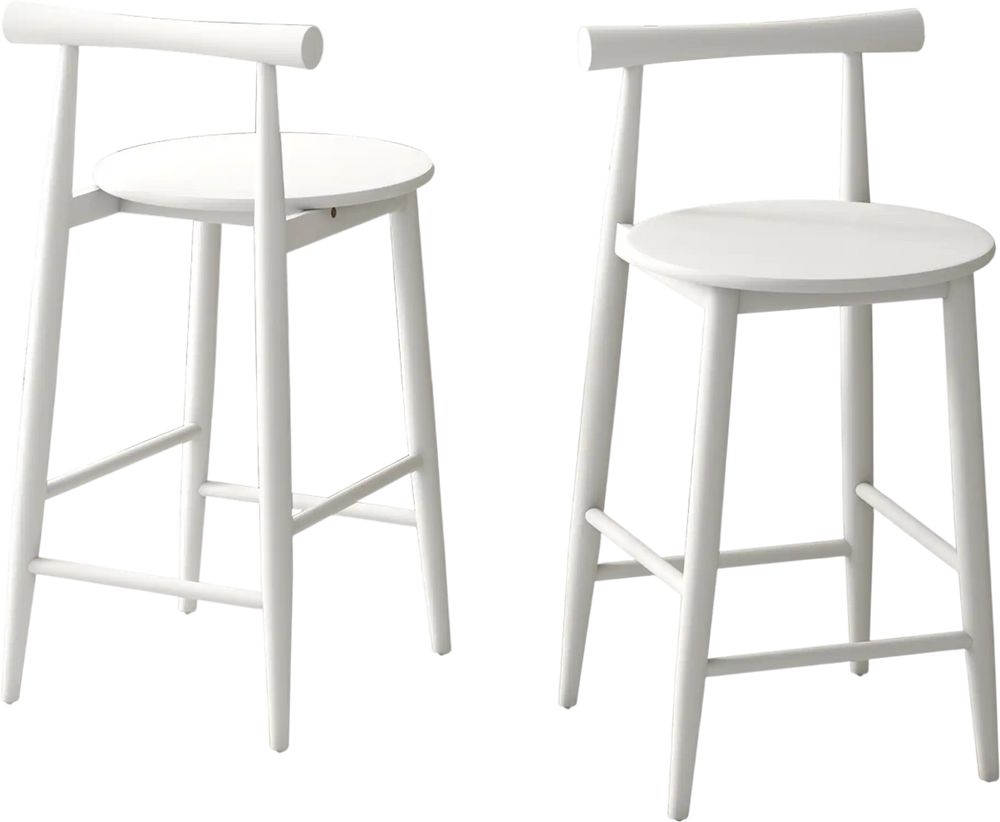 White counter height bar chair set featuring acacia wood frame, rounded seat, and footrest, perfect for dining areas.