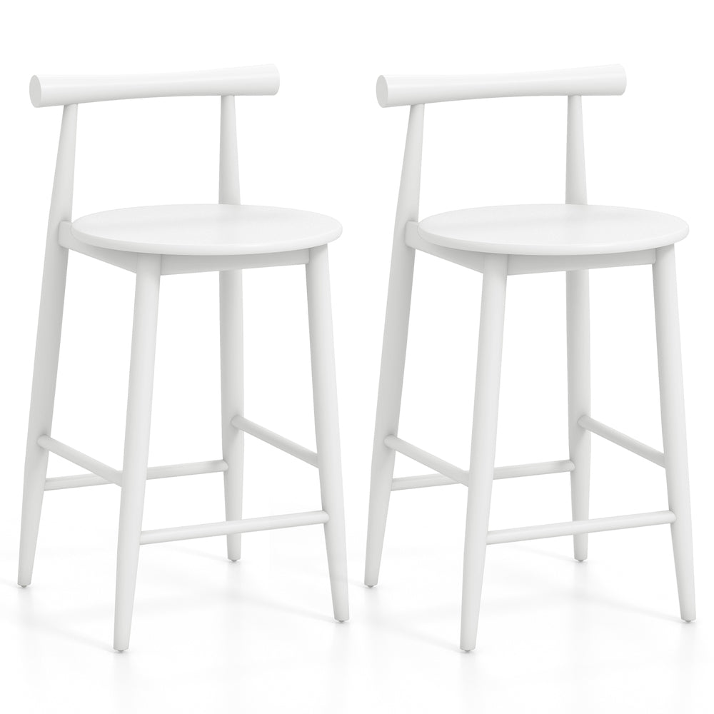 Set of two white counter height bar chairs with acacia wood frame, ideal for dining rooms and coffee shops.