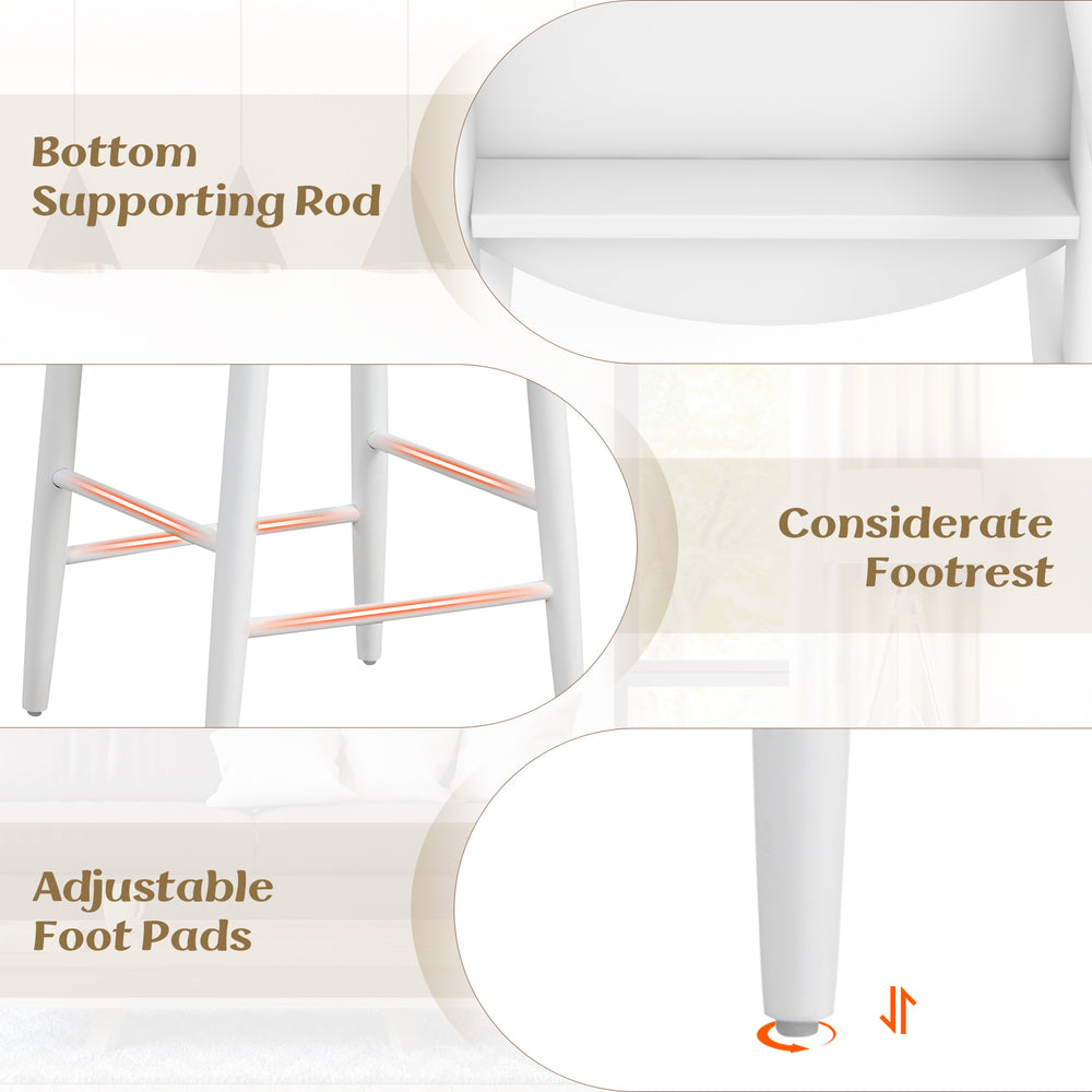 Close-up of the counter height bar chair's acacia wood frame, featuring a footrest and adjustable foot pads for.