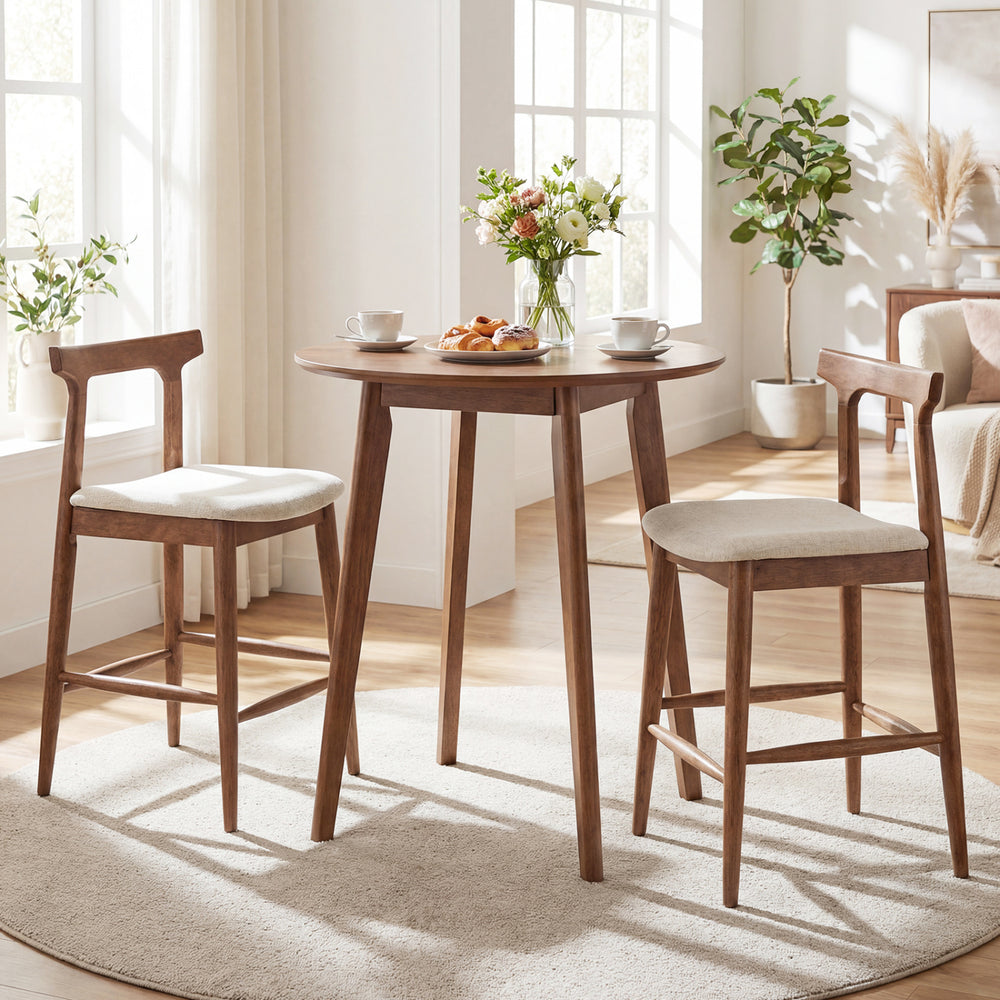 Counter height bar stools with curved backs in walnut finish, featuring breathable fabric and ergonomic design for.