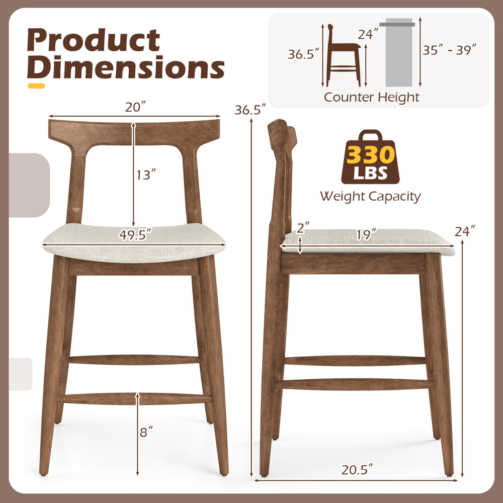 Counter height bar stool with curved back, solid wood, and breathable fabric for kitchen islands or home bars.