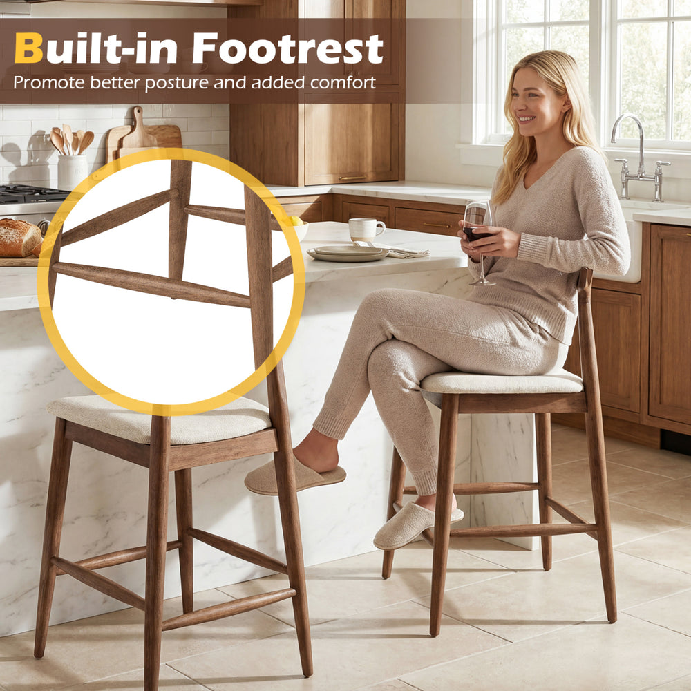 Counter height bar stool with curved back, built-in footrest, and solid walnut wood for kitchen island comfort.