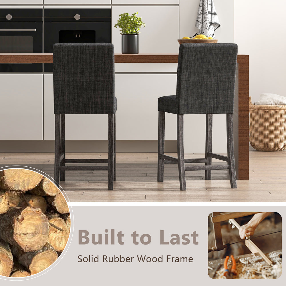 Counter height bar stools set of 2 in gray with solid rubber wood frame, ergonomic backrest, and footrest for comfort.