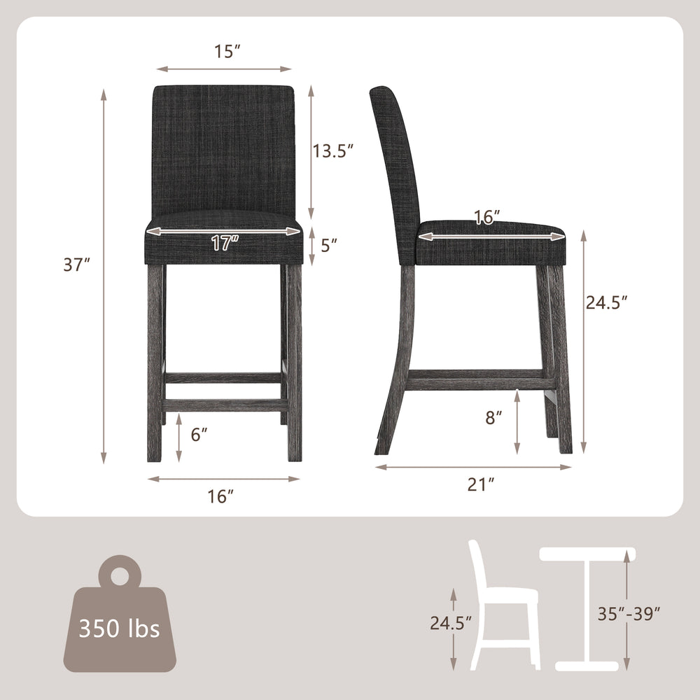 Counter height bar stool set of 2 in gray with ergonomic backrest, footrest, and solid rubber wood frame.