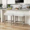 Set of 2 modern counter height bar stools with rubber wood legs and plush white sherpa fabric for kitchen or dining use.