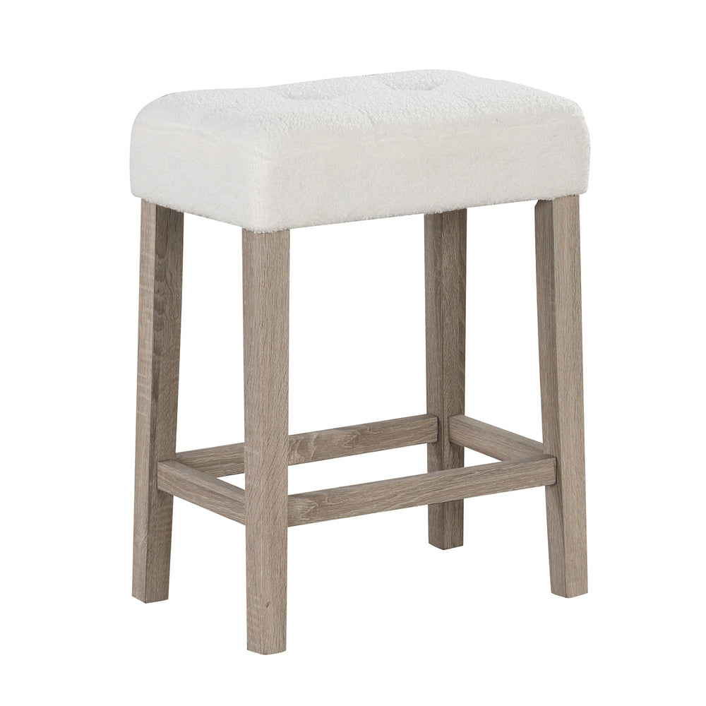 Modern counter height bar stool with plush sherpa fabric and rubber wood legs, perfect for kitchen or dining room use.