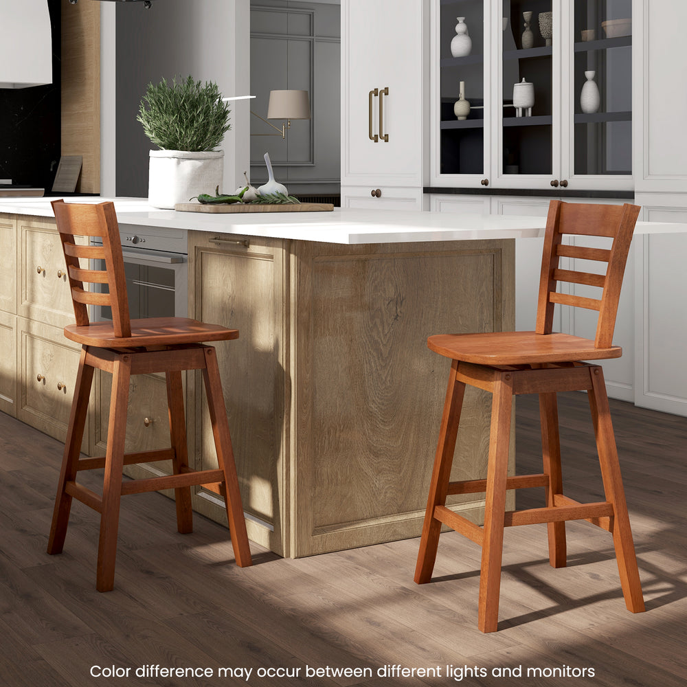 Counter height barstools set of 2 in walnut with footrest, featuring a reclined backrest and 360° swivel seat for.