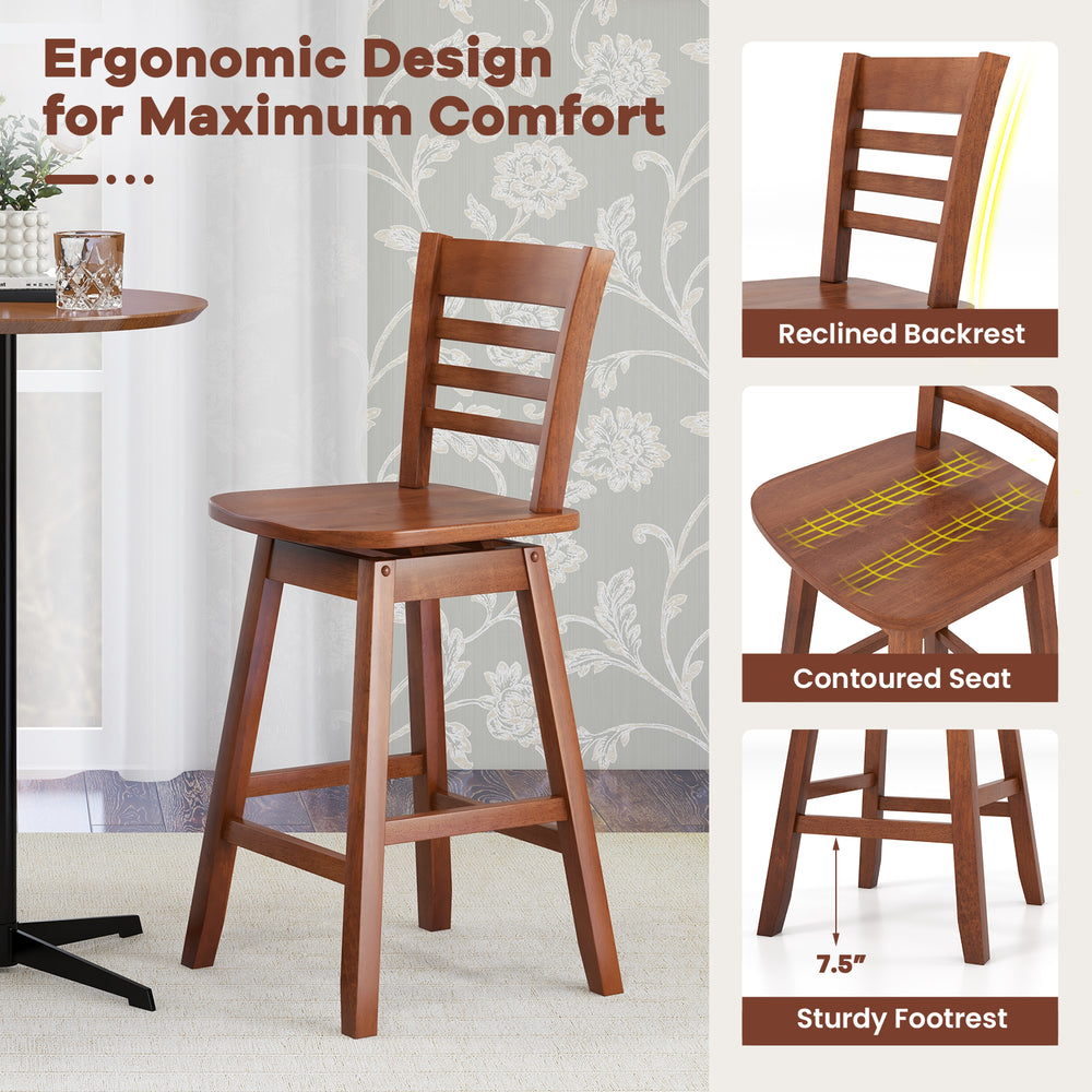 Counter height barstool with reclined backrest and contoured seat, made of solid rubber wood for kitchen islands.