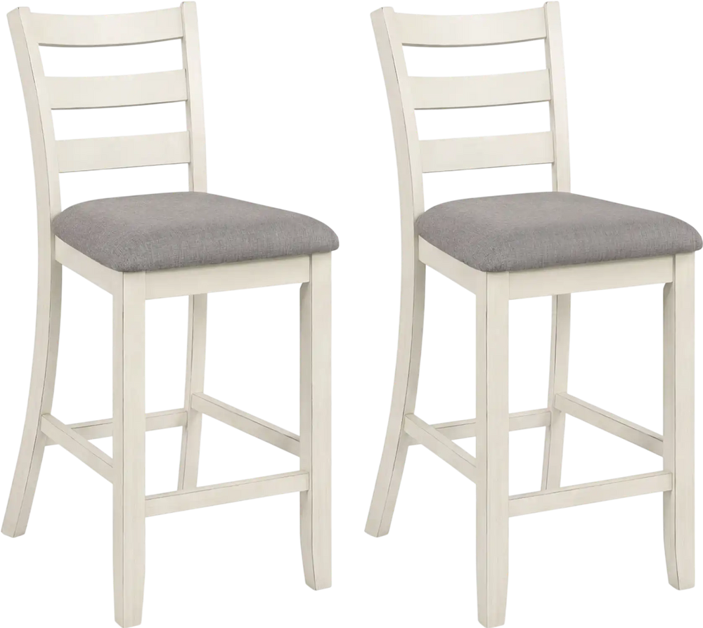 Counter height chairs with beige fabric seats and rubber wood legs, offering comfort and vintage elegance for dining.