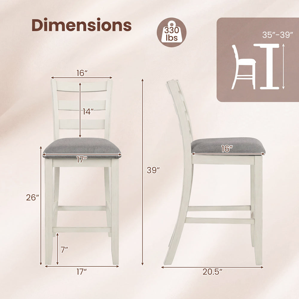Counter height chair dimensions with beige fabric seat and rubber wood legs, supporting up to 353 lbs for comfort.