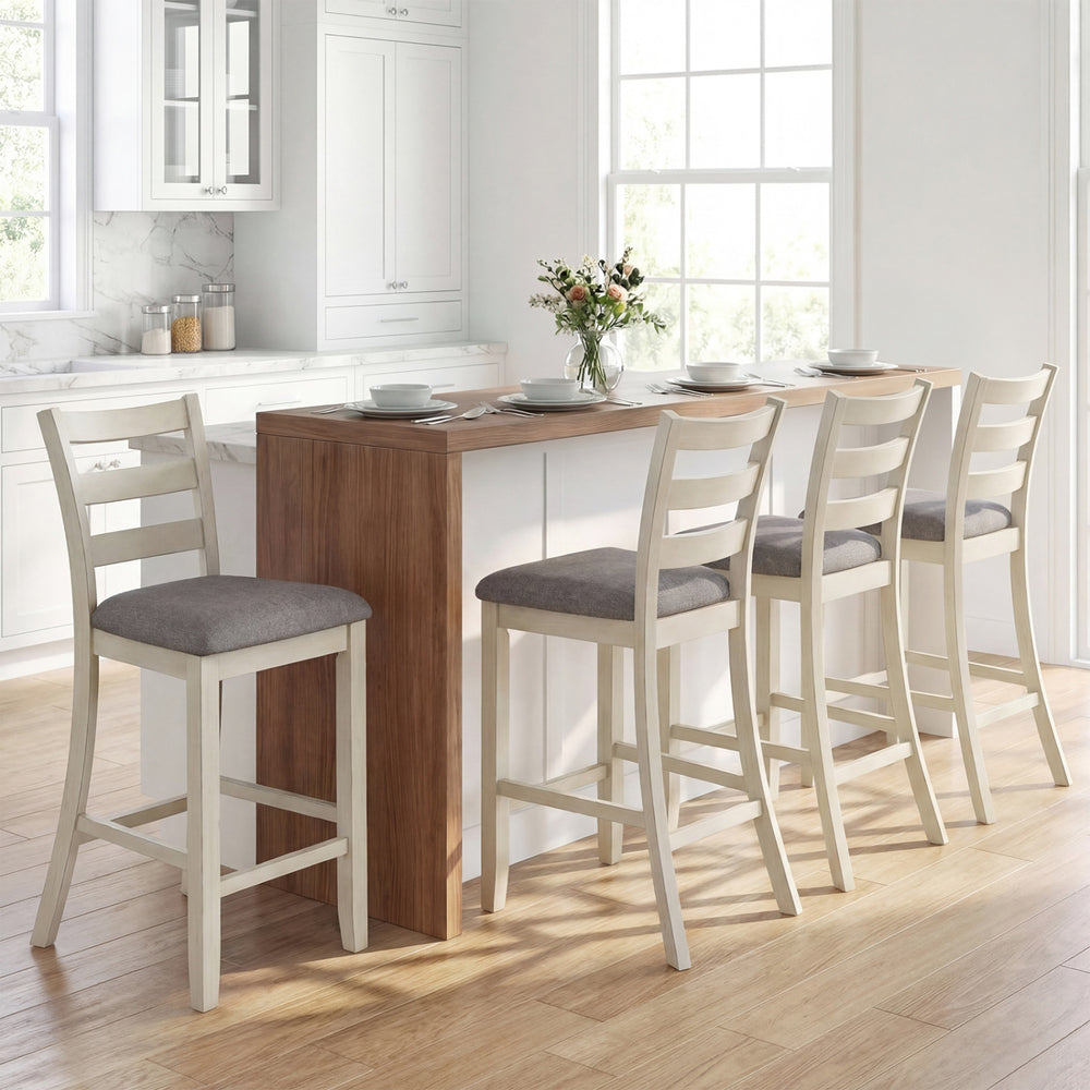 Counter height chair with beige fabric seat and rubber wood legs, showcasing vintage design for stylish dining areas.