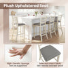 Counter height chair with beige linen fabric seat and rubberwood legs, designed for comfort and elegant dining.