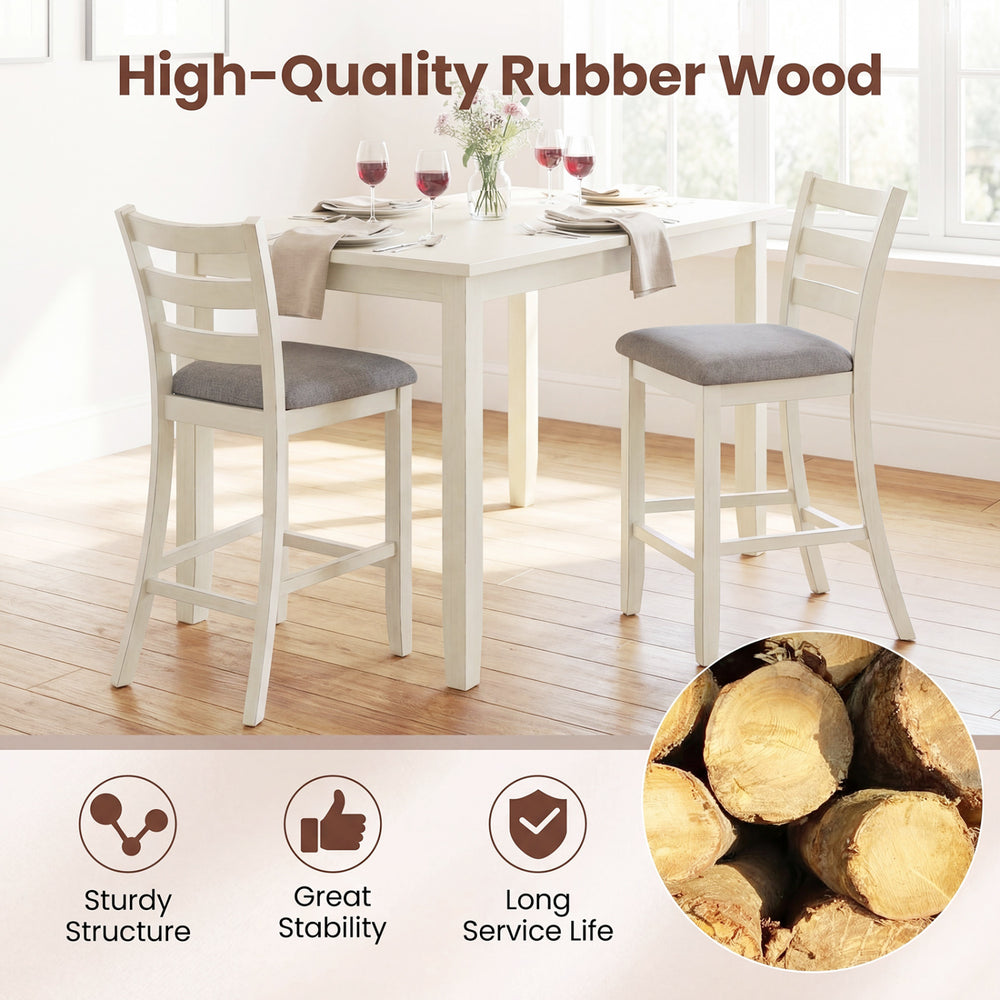 Counter height chairs with beige fabric seats and rubber wood legs, offering comfort and elegance for dining spaces.