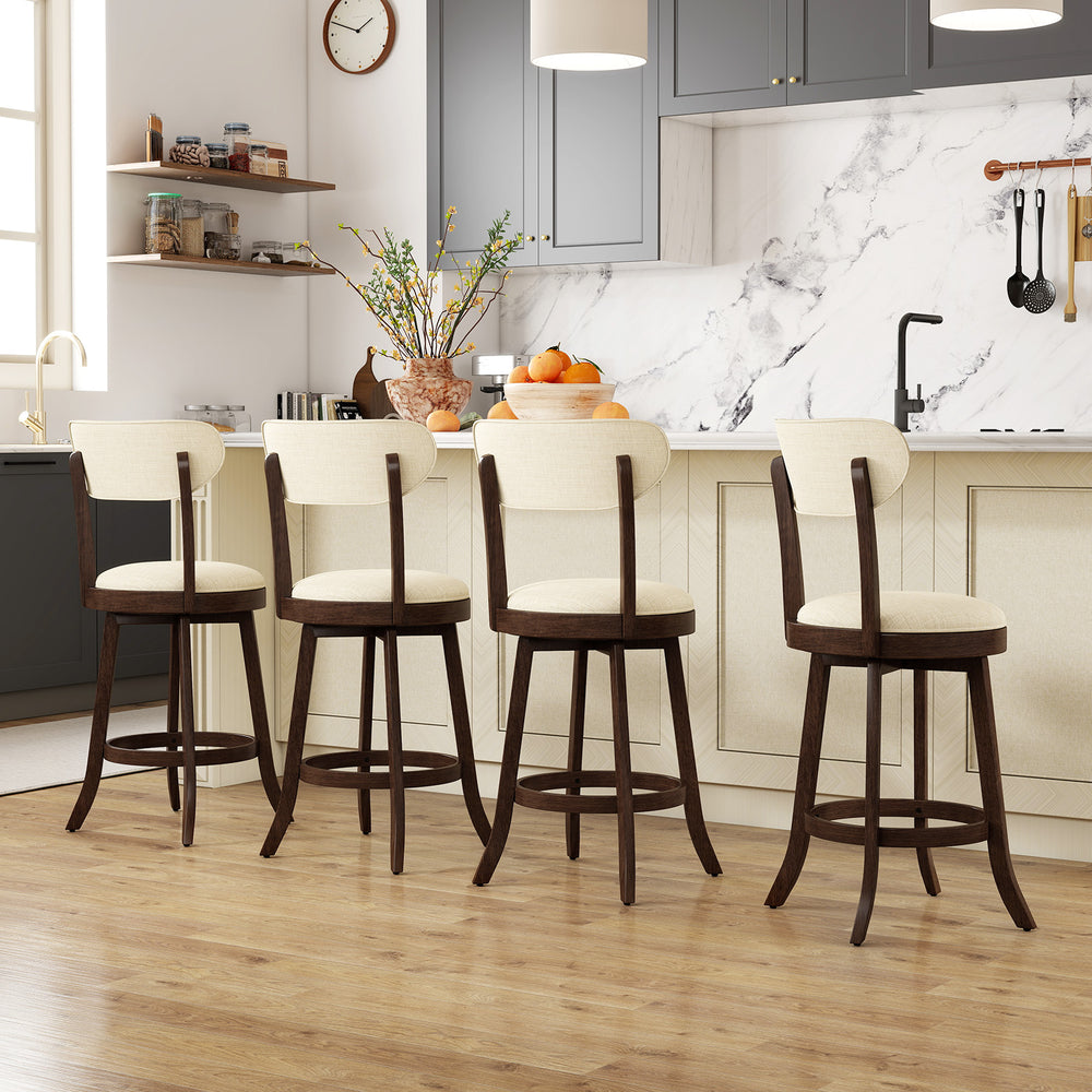 Set of two 25.5-inch counter height chairs with padded seats and brown rubber wood frame, ideal for kitchen use.