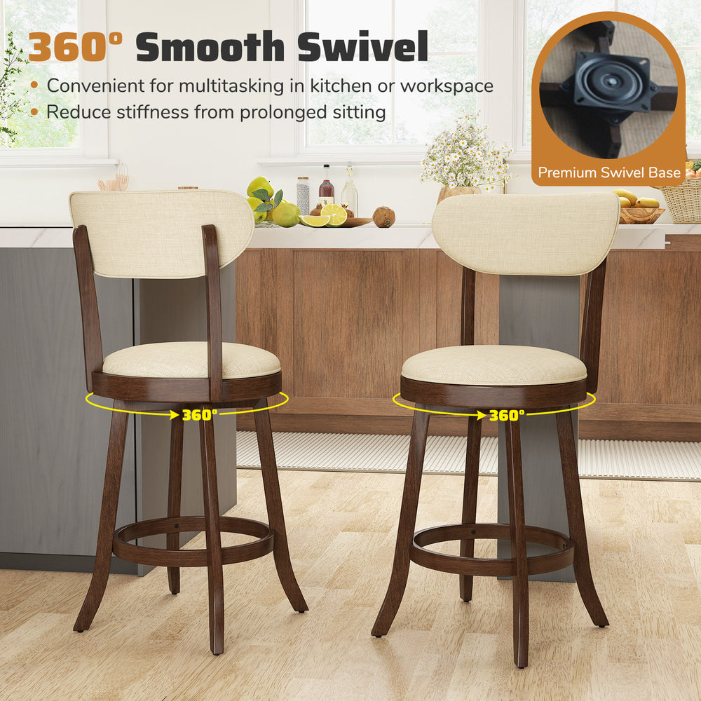 Set of 2 counter height chairs with padded seat and backrest, 360° swivel, brown rubber wood frame for kitchen use.