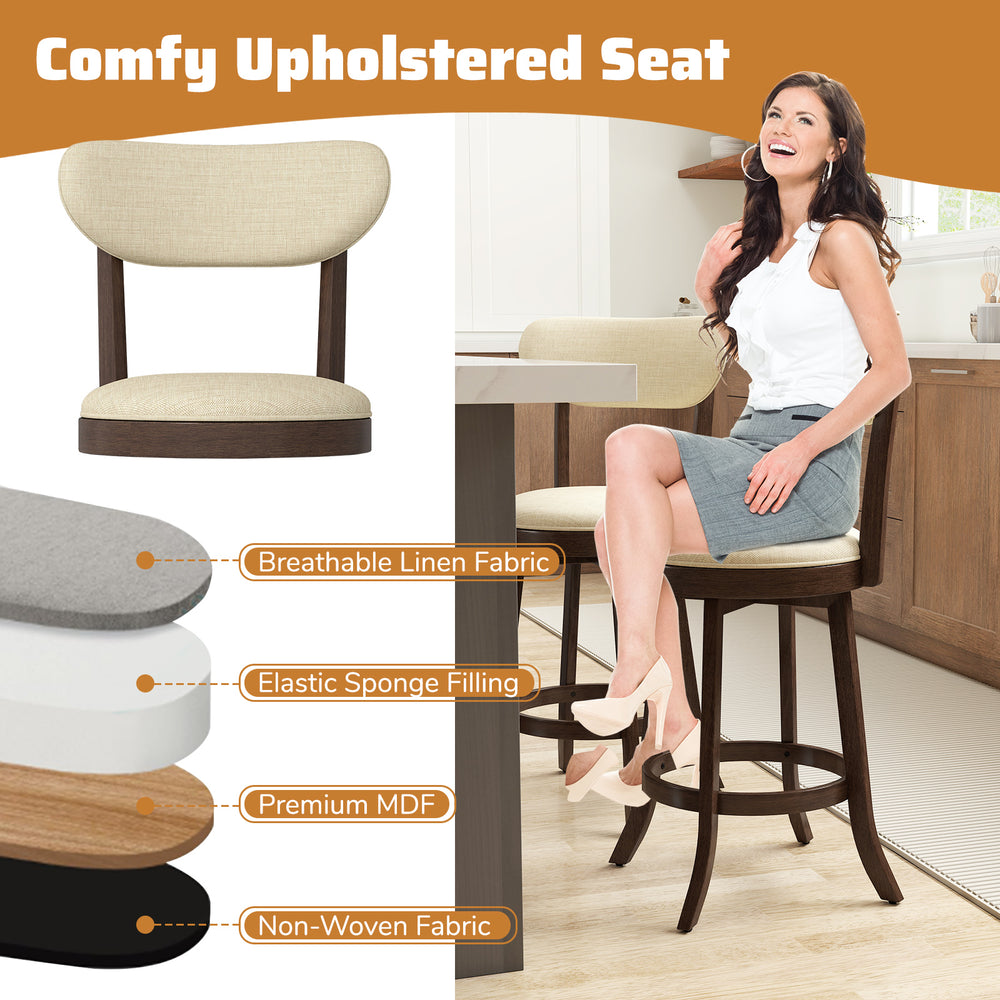 Counter height chair set with padded seat and backrest, brown rubber wood frame, ideal for dining and kitchen use.