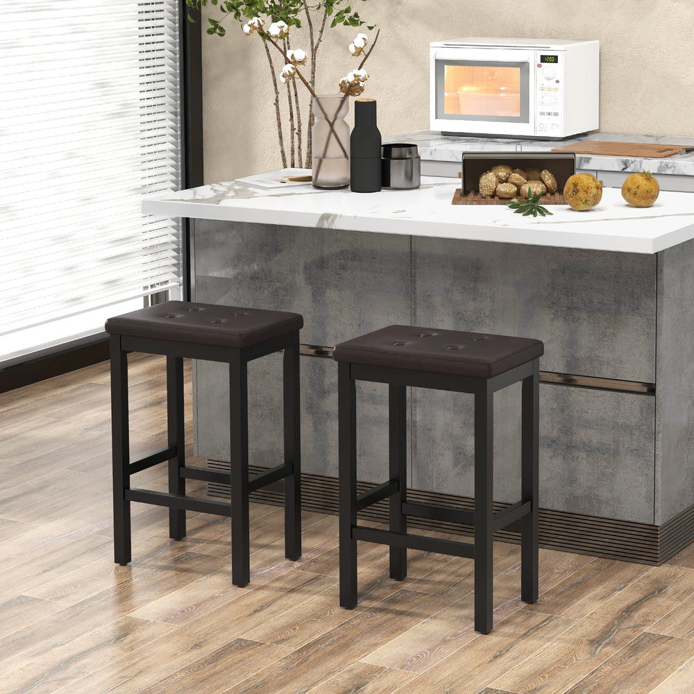 24 Inch Bar Stools with Padded Seat Footrest and Rubber Wood Frame-Brown - Gallery View 1 of 9