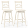 Set of 2 cream swivel counter height stools with inclined backrest and ergonomic footrest for kitchen or dining use.
