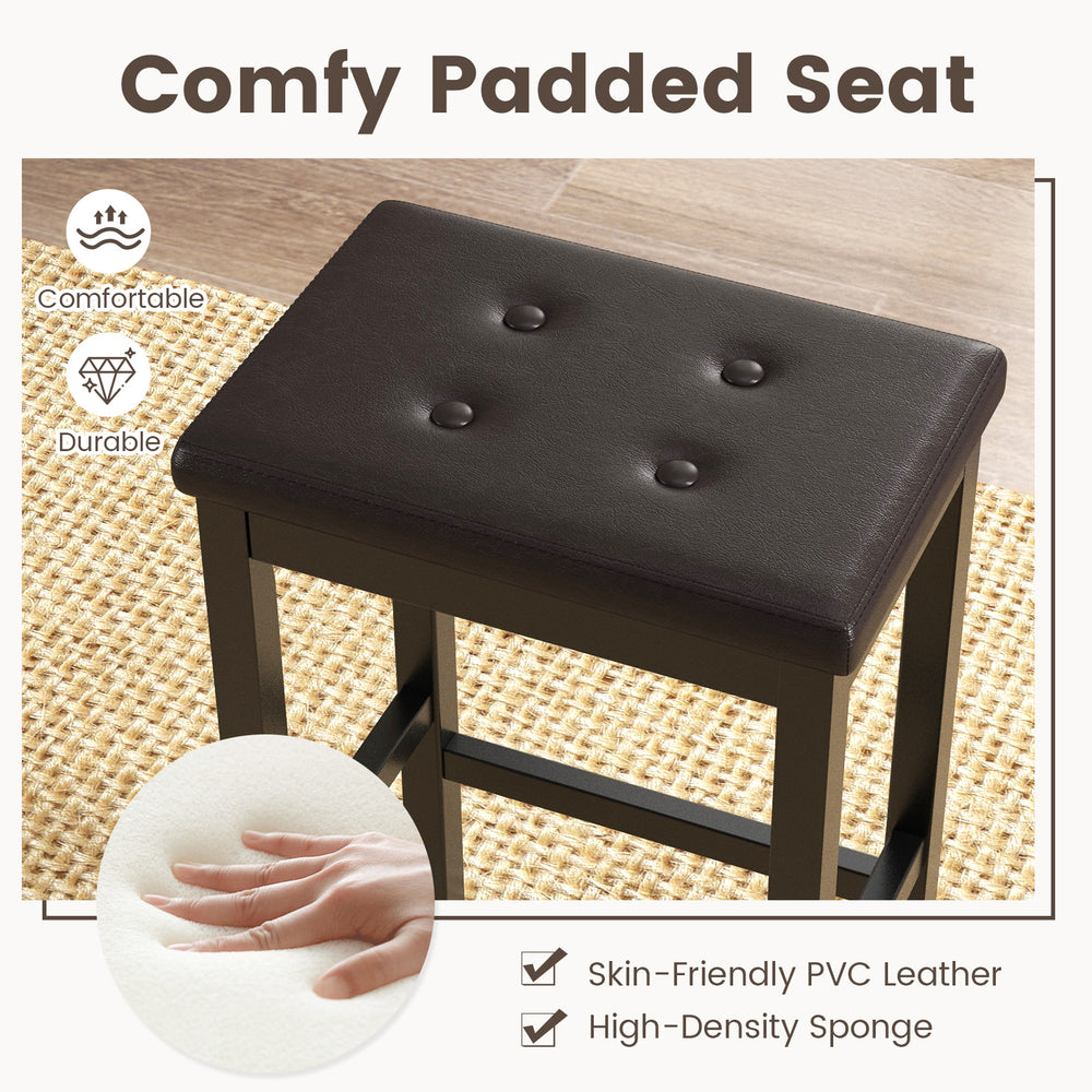 Brown padded seat bar stool with rubber wood frame, featuring tufted buttons and a footrest for added comfort.