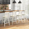 Set of four cream swivel counter height stools with inclined backrests, perfect for kitchen or dining room use.