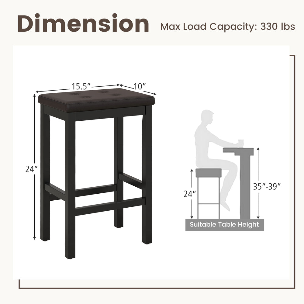 24-inch bar stool with padded seat, rubber wood frame, and footrest, designed for comfort and stability. Max load 330.