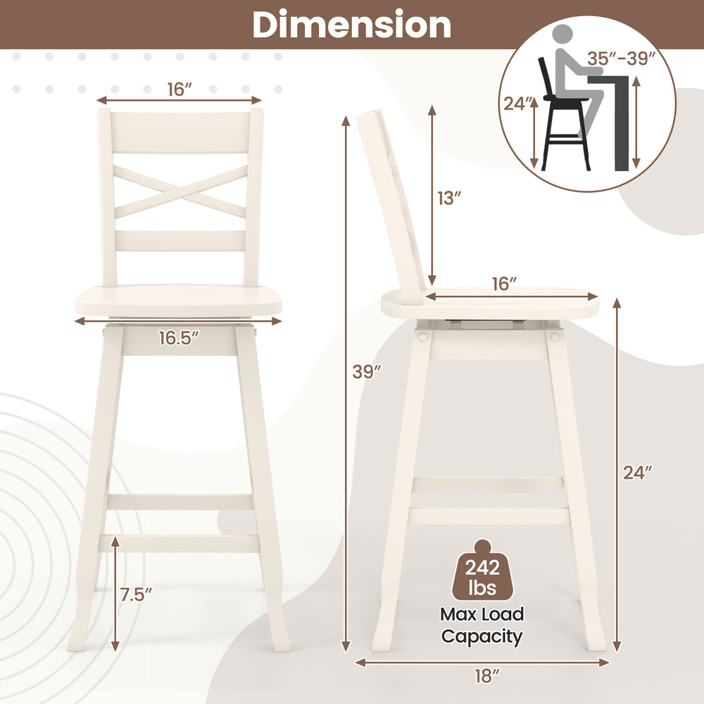 Dimensions of the Swivel 24-Inch Counter Height Stool in cream, featuring a cozy inclined backrest and sturdy design.