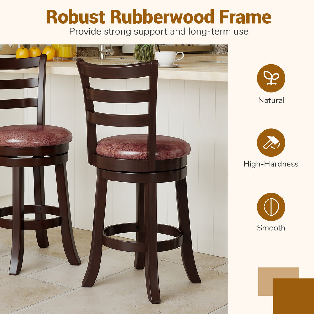 Counter height swivel barstools set of 2 with faux leather seats and rubberwood frame, ideal for kitchen islands.
