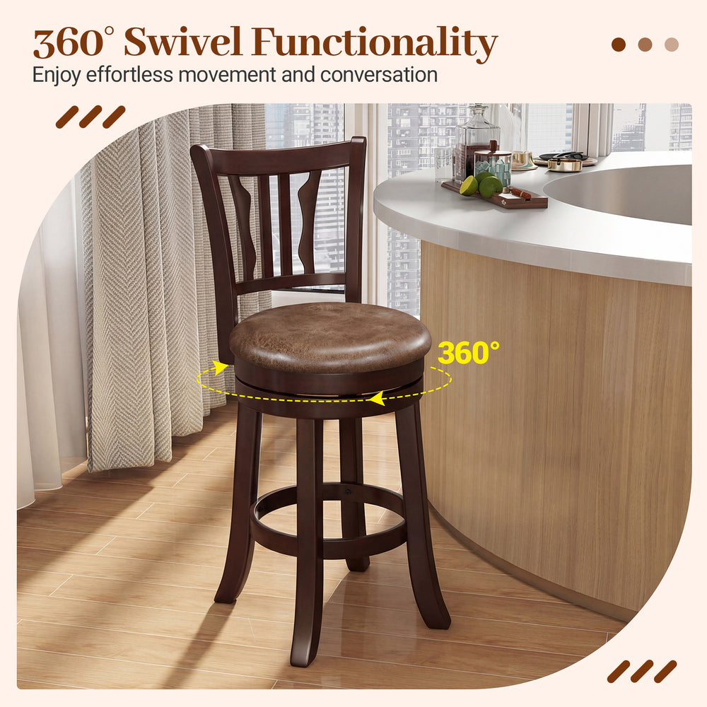 Counter height swivel bar stool with curved backrest, solid rubber frame, and 360° swivel for kitchen island seating.