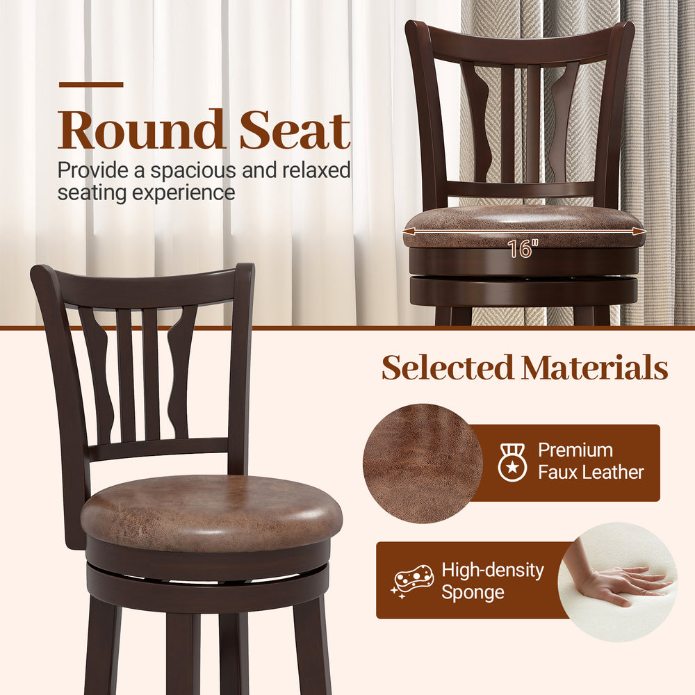 Counter height swivel bar stool with 16" round seat, premium faux leather, and solid rubber frame for kitchen islands.