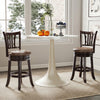 Single counter height swivel bar stool with curved backrest, faux leather seat, and solid rubber frame for pub areas.