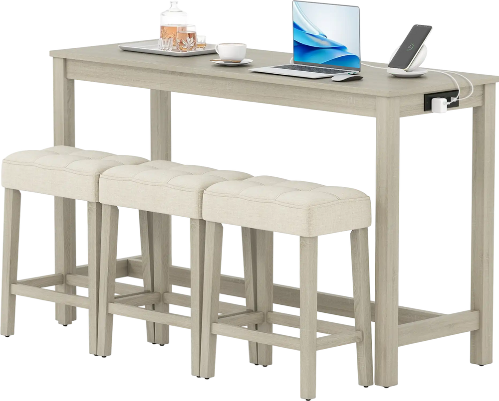 Counter height table with three upholstered stools in gray, featuring a charging station for convenient device use.