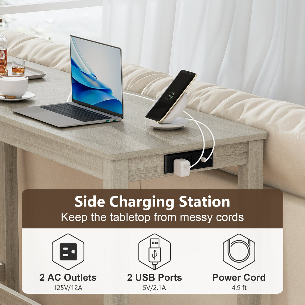 Counter height table with side charging station, featuring 2 AC outlets and 2 USB ports for convenient device charging.