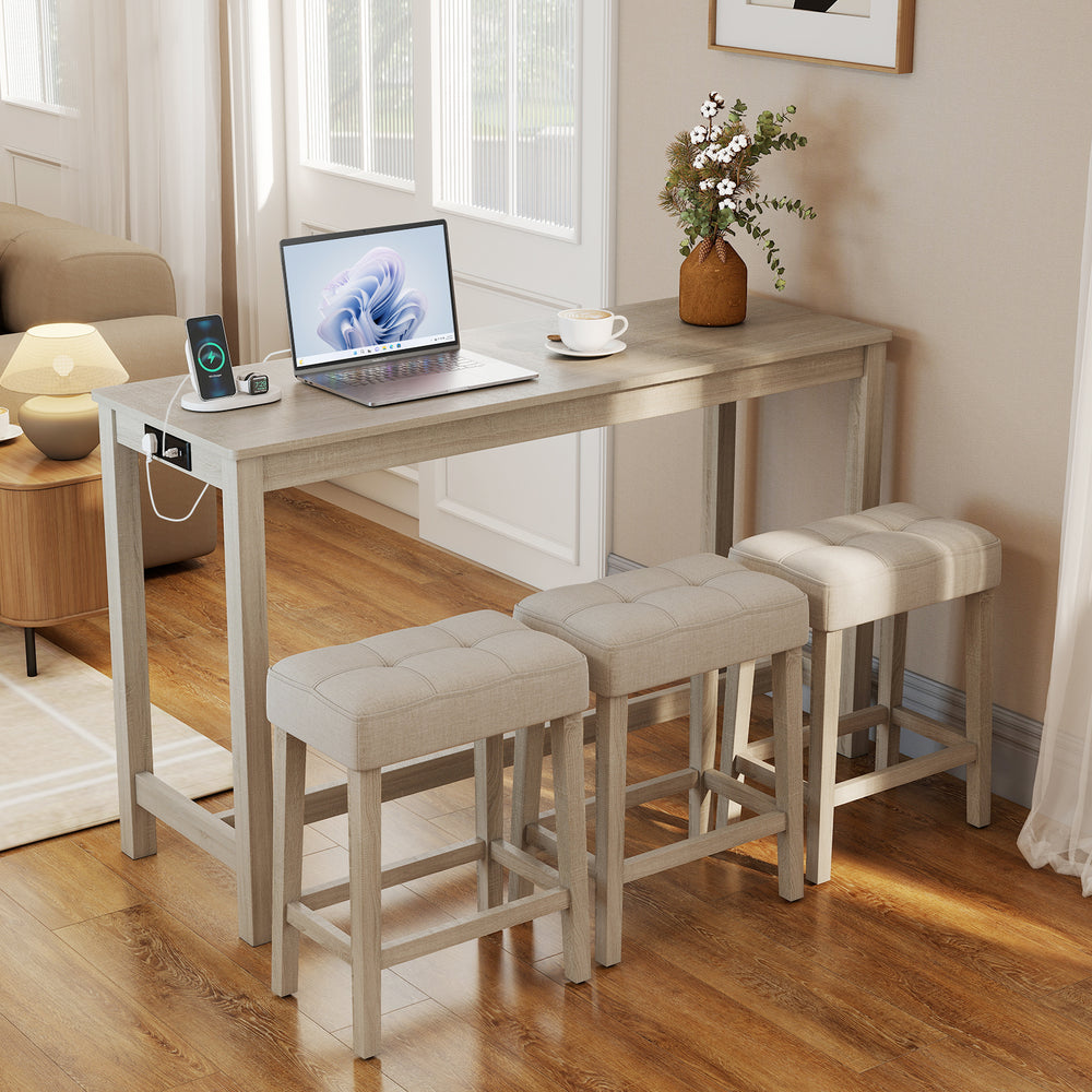 Stylish gray counter height table set with three stools, highlighting solid rubber wood legs and a spacious design for.