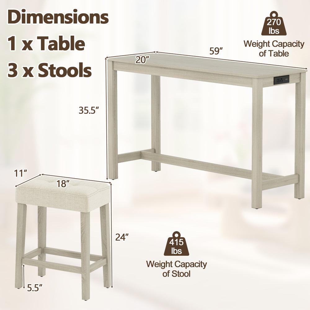Counter height table with 3 upholstered stools in gray, featuring a side charging station and space-saving design.